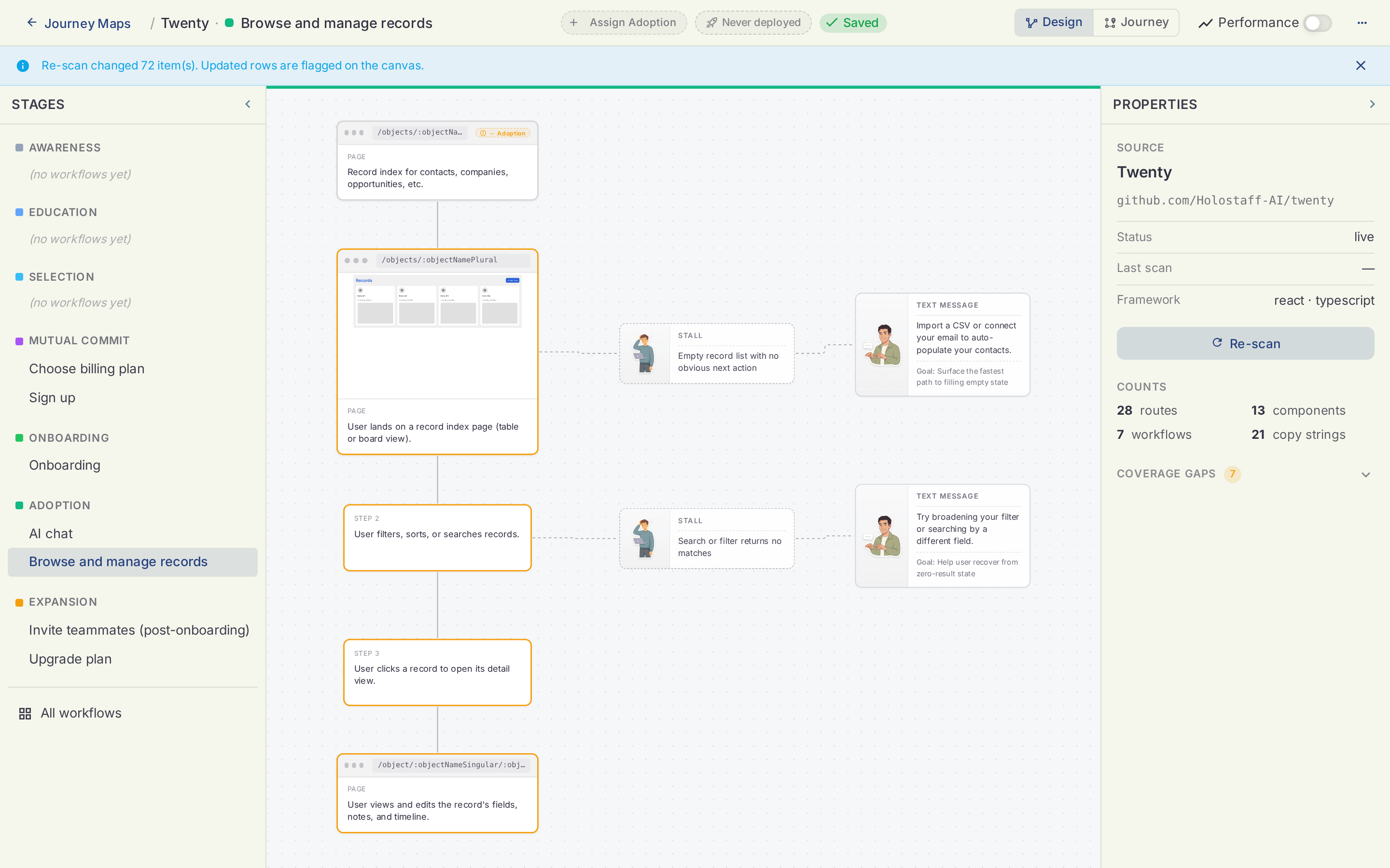 The Browse and manage records workflow drill-in on the Holostaff journey map canvas, with the empty-list stall and its copilot intervention beside the steps
